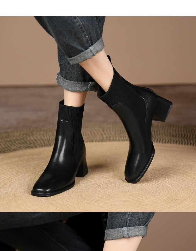 Square Toe Vintage French Chunky Heel Women's New Brown Knitted Stretch Socks High Heel Ankle Boots