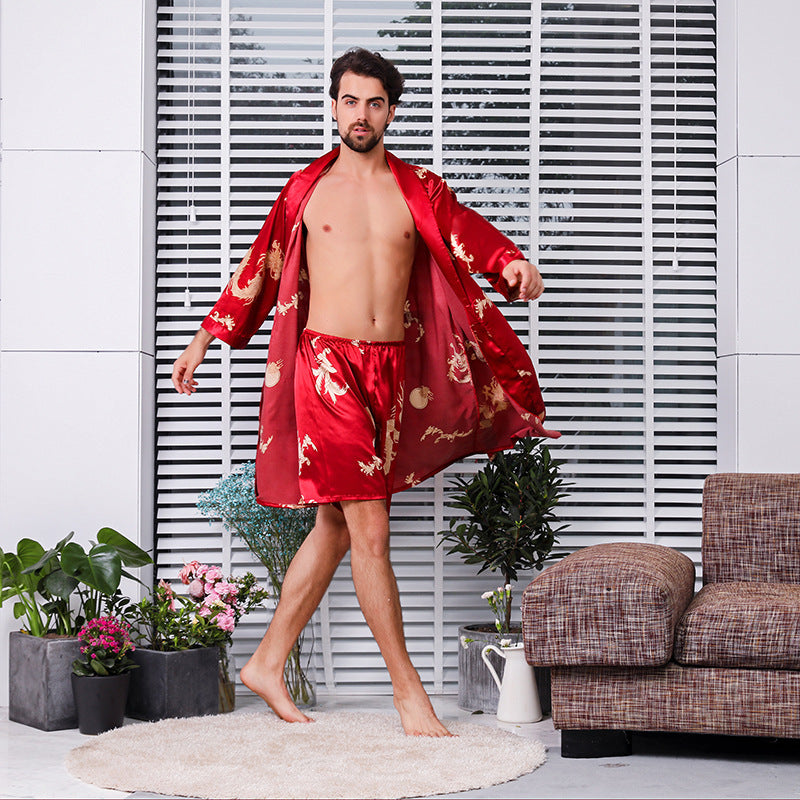 Two-piece Suit Of Dragon Pattern Bathrobe Silk Nightgown And Short Pajama Pants