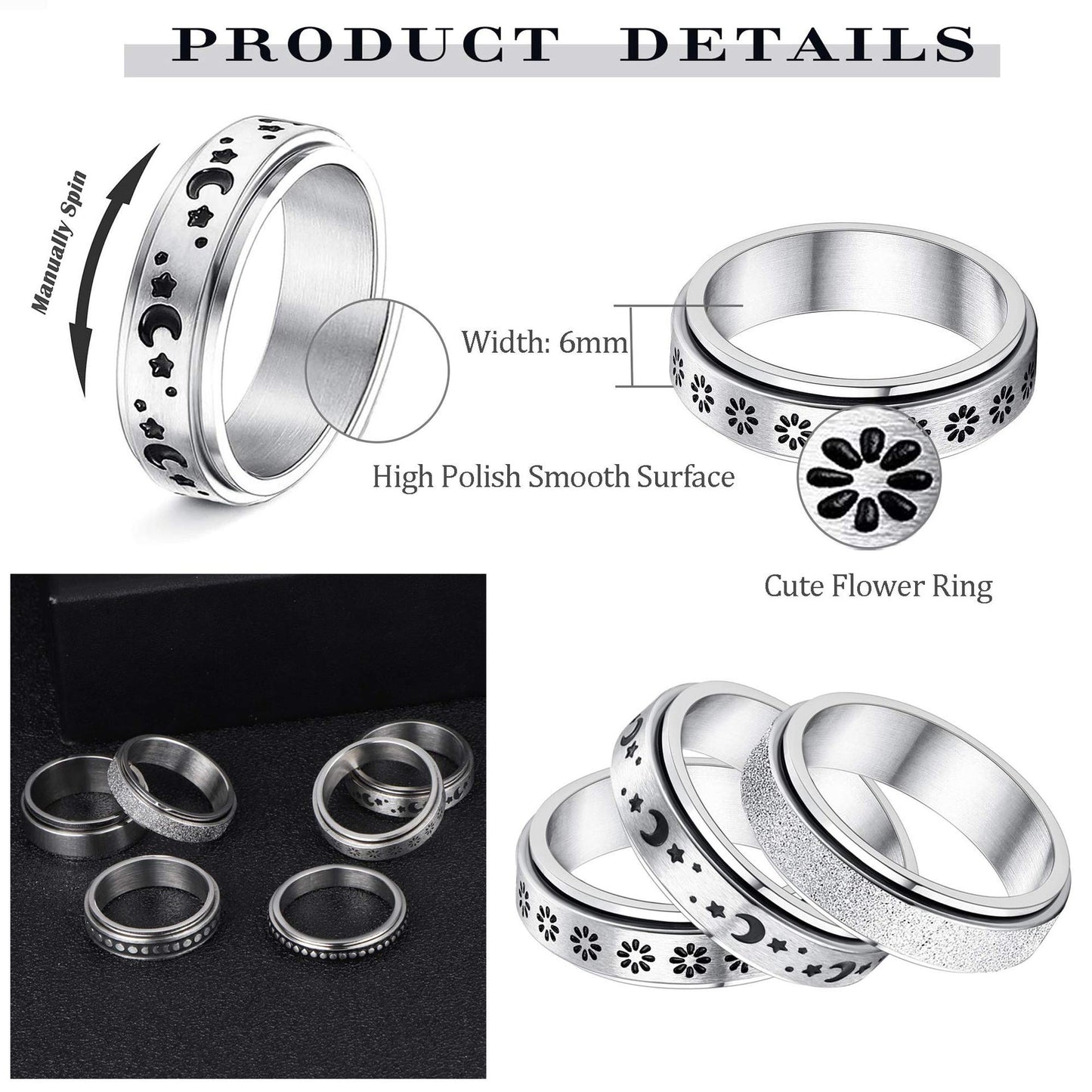 Stainless Steel Rotatable Spinner Ring Moon Stars Relieve Anxiety Rings