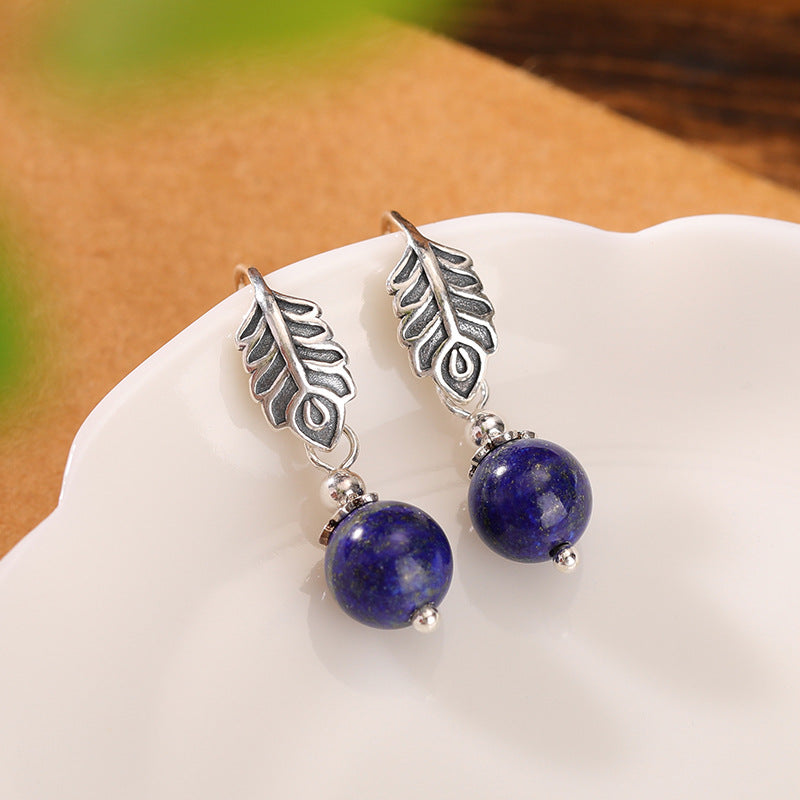 S925 Sterling Silver South Red Lapis Lazuli Vintage Distressed Leaves Ear Hook