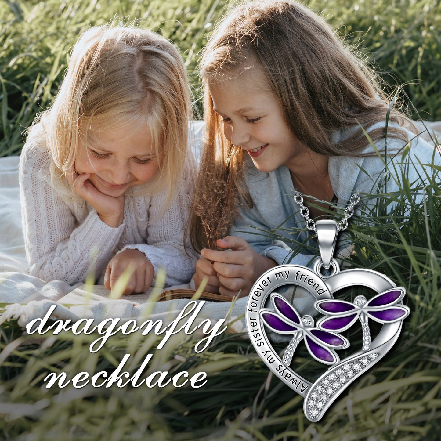 Purple Dragonfly Pendant Necklace in White Gold Plated Sterling Silver